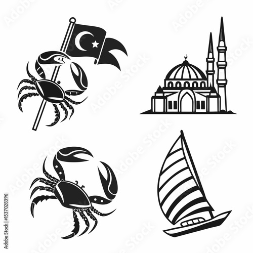 Turkish culture symbols crab flag mosque sailboat black and white icons