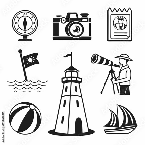 Nautical icons set travel adventure summer vacation beach