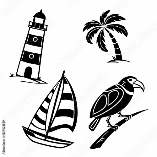 Tropical vacation icons lighthouse sailboat palm tree toucan
