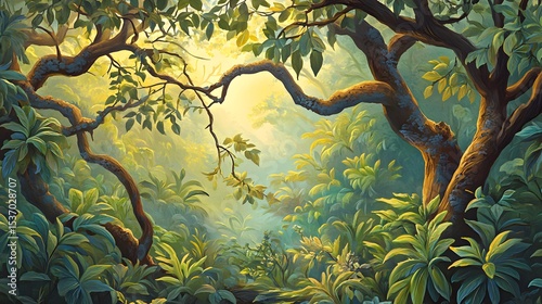 Lush Tropical Rainforest Sunlight Jungle Scene