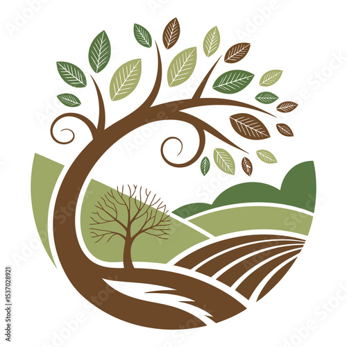 Stylized tree with leaves and rolling hills isolated on white background
