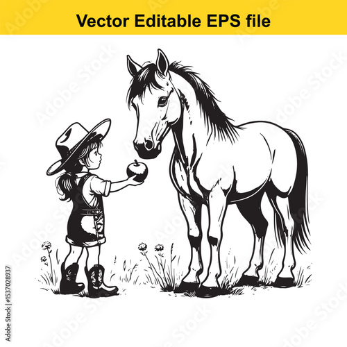 Girl with Cowboy Hat Offering Apple to Horse Black and White Vector Line Art Image in Natural Setting