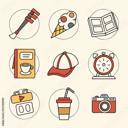 Cute hand drawn icons set daily life objects