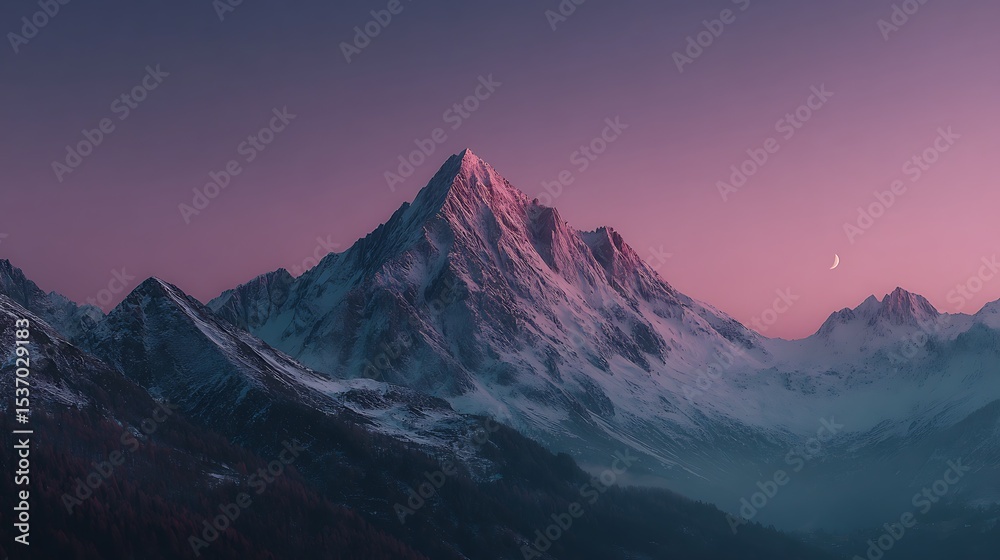 Obraz premium Majestic snow peaks rise under a pink hued sky.