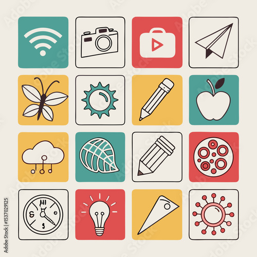 Colorful icons set wifi camera video airplane butterfly sun pencil apple cloud leaf design pizza clock idea protractor virus