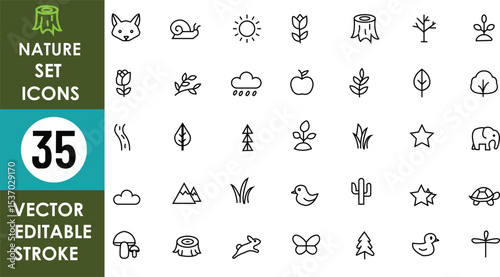 35 nature icons including animals, trees, leaves, flowers, sun, rain, clouds, stars, mountains, mushrooms, water, and plants. Minimalist, editable vector strokes.