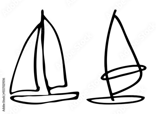 Vector Two minimalist sailboats glide across the water depicted as simple vector illustrations.