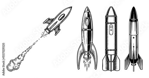 Vector Vintage rockets with exhaust trails showcase space exploration themes.