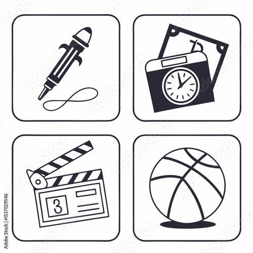 Four icons representing creativity time money and sport