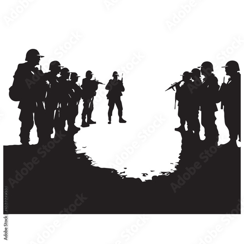 Silhouette of soldiers facing each other on a battlefield