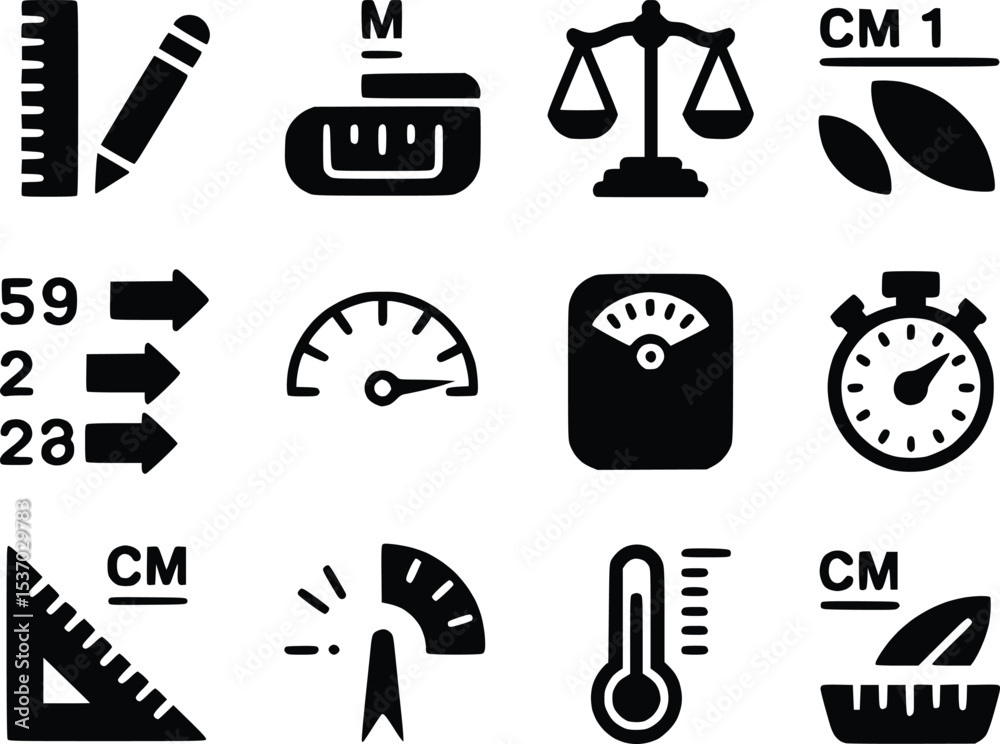 Fototapeta premium Measuring Tool Icons Weight Scale Symbols Instruments Ruler Thermometer Stopwatch Vectors