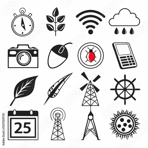 Collection of simple black and white icons various subjects