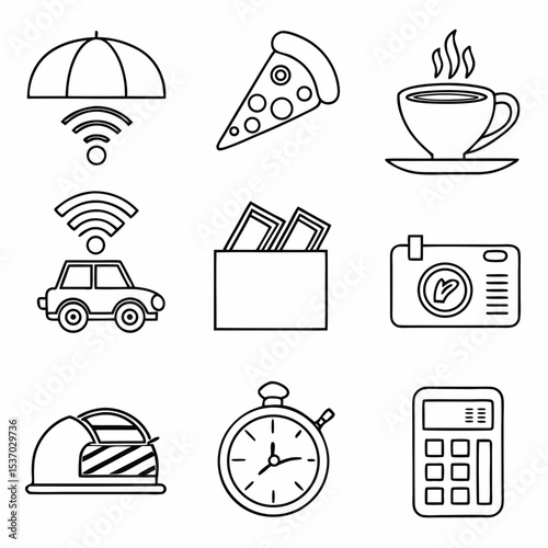 Wifi umbrella pizza coffee car wallet camera toaster stopwatch calculator icons