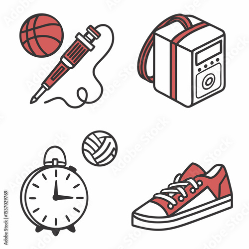 Back to school supplies icons basketball soldering iron backpack alarm clock volleyball sneakers