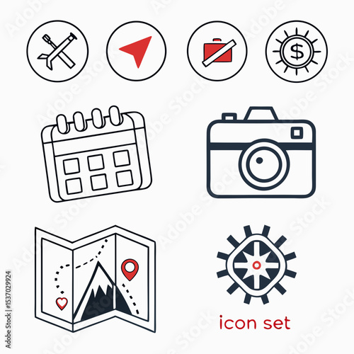 Travel icons set vacation planning trip adventure journey