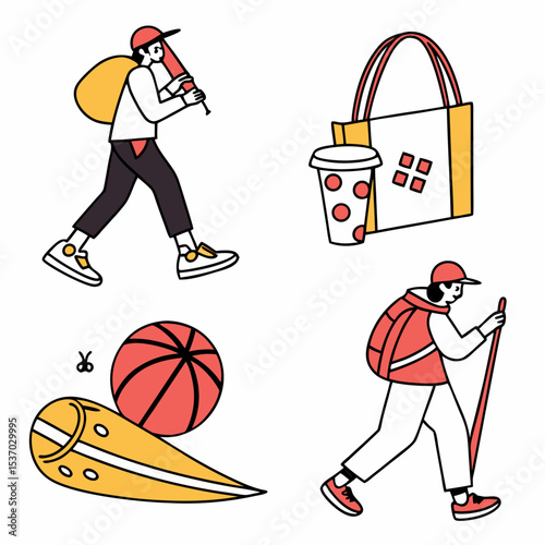 Trendy line art illustrations people activities shopping sports travel