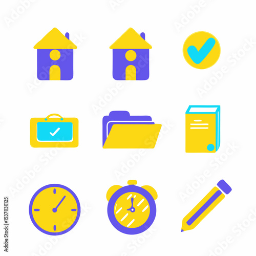 Colorful flat icons set home checkmark folder clock pencil book
