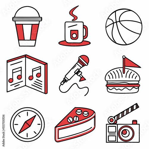 Red and white line art icons set coffee music food sport
