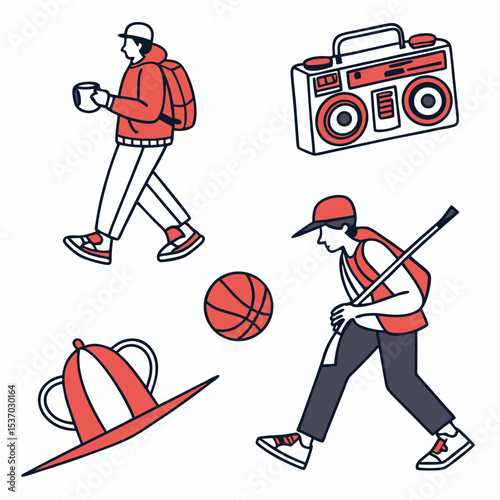 Trendy illustration featuring people enjoying leisure activities and retro boombox