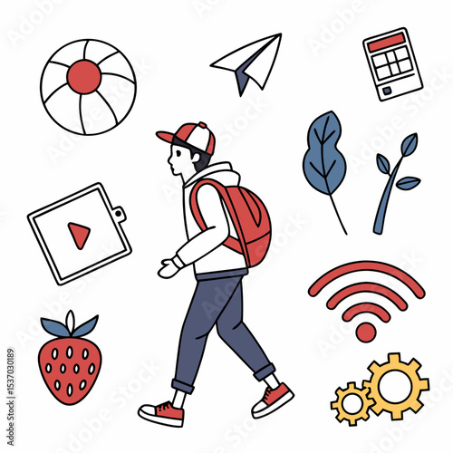 Student walking with backpack surrounded by colorful icons