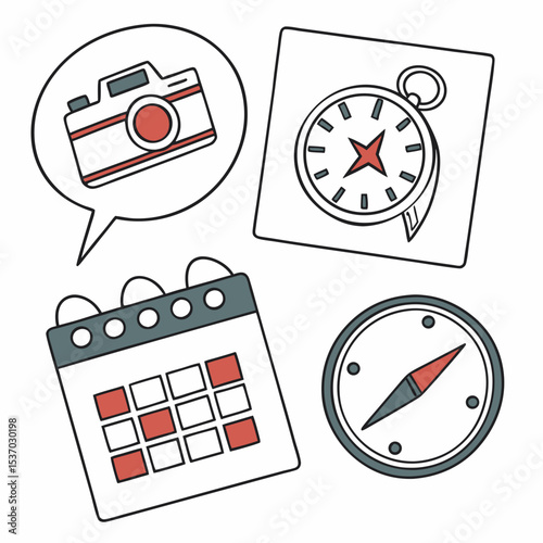 Travel planning essentials camera compass calendar adventure trip