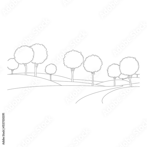 Trees dot a rolling landscape with a winding path