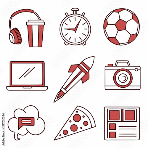 Nine red line icons set coffee laptop rocket pizza