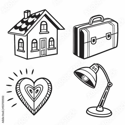 House heart suitcase desk lamp home sweet home line art illustration