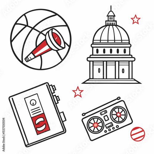 Line art illustration of basketball megaphone government building cassette tape and boombox