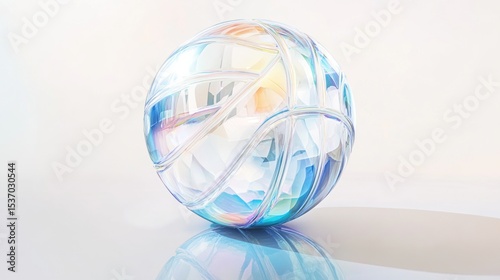Abstract iridescent sphere reflecting light on a glossy white surface background
