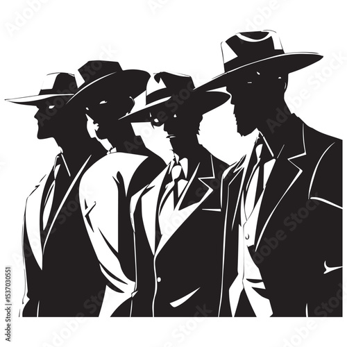 Silhouette of four men in suits and hats