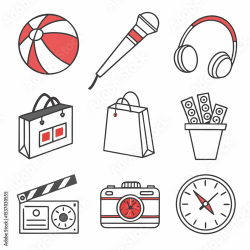 Fun summer icons beach ball microphone headphones shopping bags film camera clock