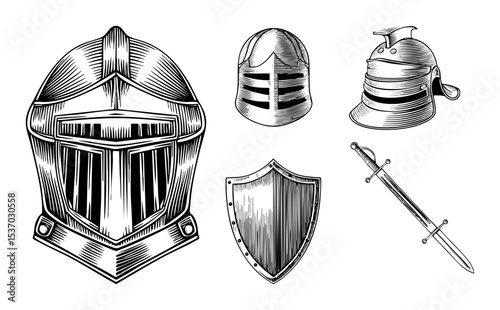 Vector Vintage knightly armor set including helmets shield and swords .