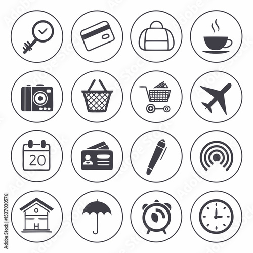 Travel icons set shopping bag camera clock key credit card airplane