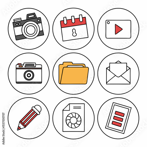 Nine colorful circular icons representing multimedia and file management