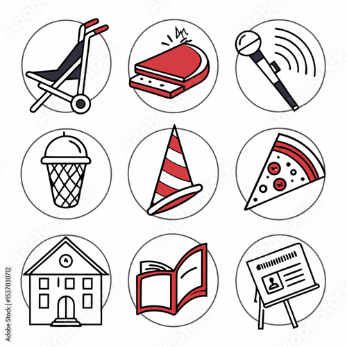 Nine red and black icons set  school book pizza microphone