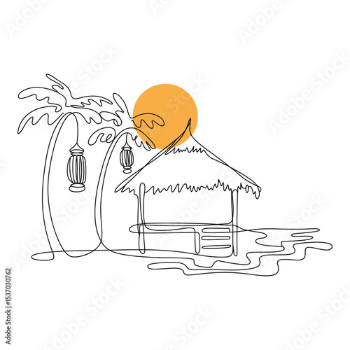 Tropical beach hut with palm tree and sun isolated on white background