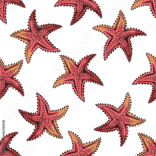 Hand drawn vintage seamless pattern of red starfish in engraving sketch style for nautical summer surface design