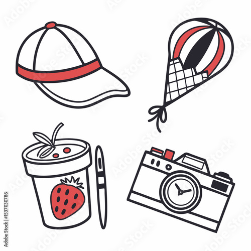 Summer vacation essentials hat hot air balloon strawberry yogurt camera