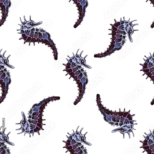 Hand drawn vintage seamless pattern of seahorses in engraving sketch style for oceanic summer textile and wrapping