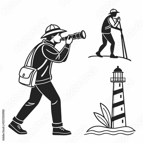Explorer with telescope, lighthouse, and coastal scene illustration