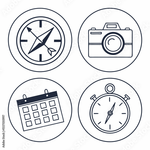 Travel planning icons compass camera calendar stopwatch