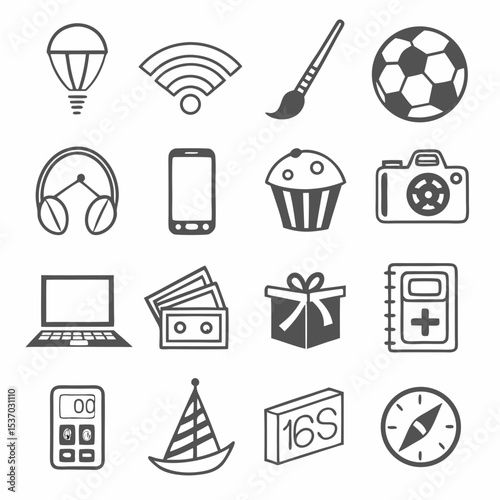 Collection of simple line icons for various activities and objects