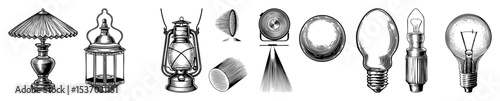 Vector Vintage lighting fixtures and decorative elements are presented as detailed engravings.