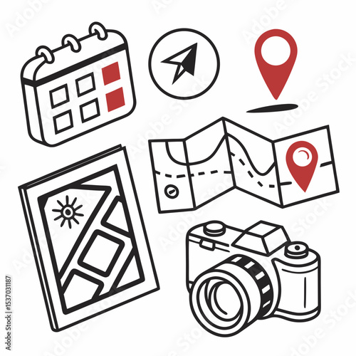 Travel planning icons calendar map camera location compass