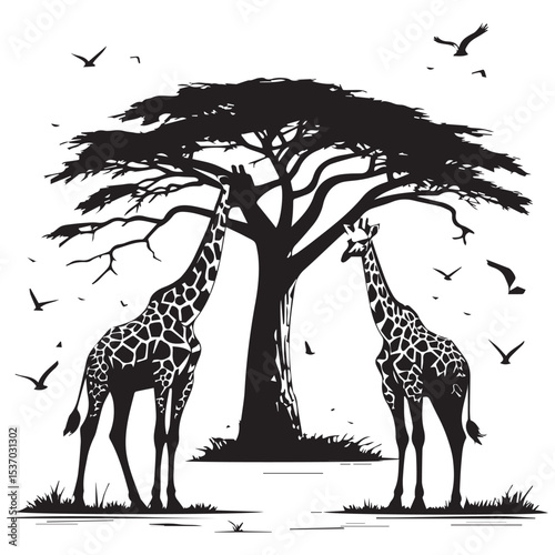 Two giraffes underneath an acacia tree silhouette
