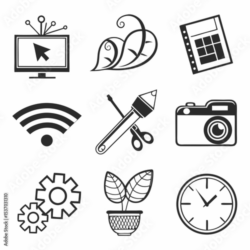 Black and white icons set design elements business technology nature