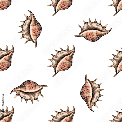 Hand drawn vintage seamless pattern of spiny seashells in pastel colors for summer beach fabric and design