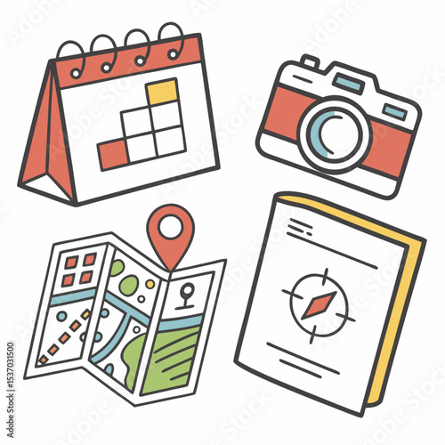 Travel planning essentials calendar map camera compass