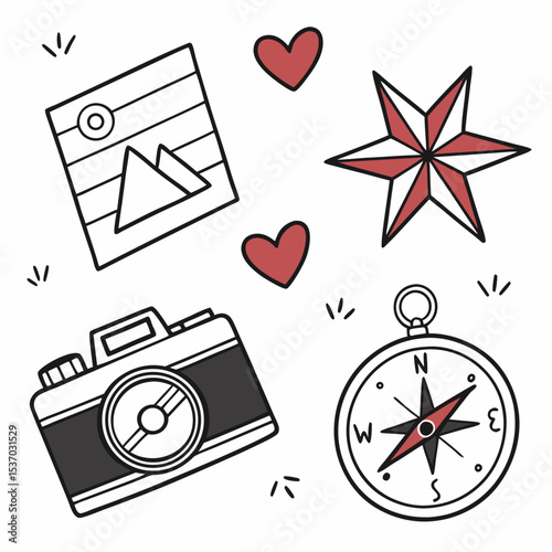 Adventure travel photography camera compass hearts mountains